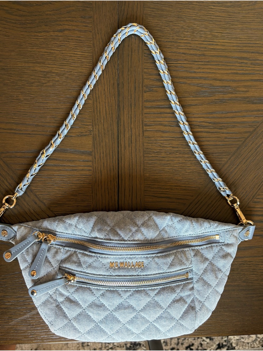 MZ Wallace Quilted Light Blue Crossbody Belt Bag with Gold Hardware - Picture 5 of 11